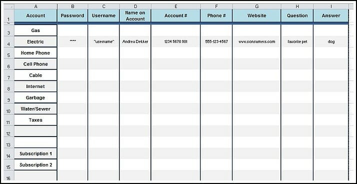 Printable Password List Excel Templates Calendars