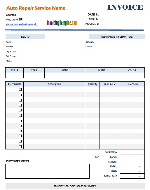 Invoice form download Auto Repair Invoice Template