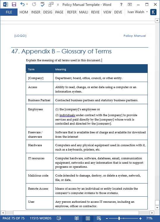 Policy Manual Template – 68 Page MS Word + Free Checklists