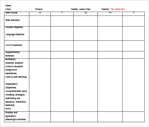 Sample Blank Lesson Plan Template Free Documents In Weekly