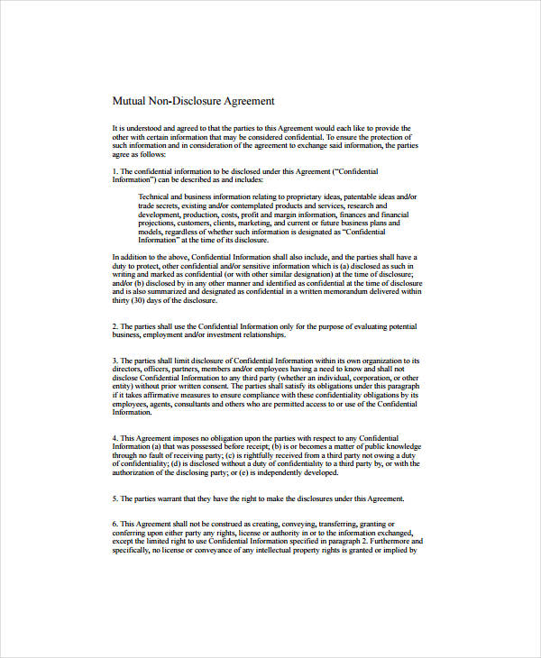 Sample Non Disclosure Agreement Form Sample Templates