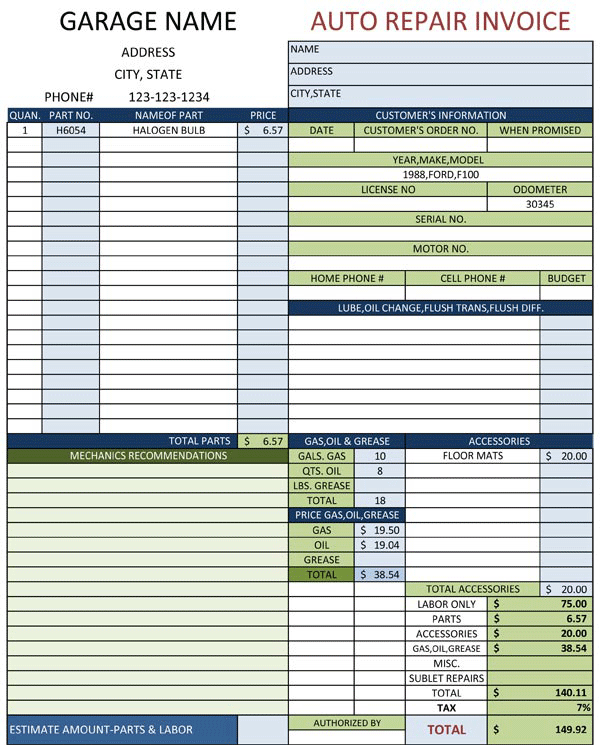 Invoicing freeware download Auto Repair Invoice Template